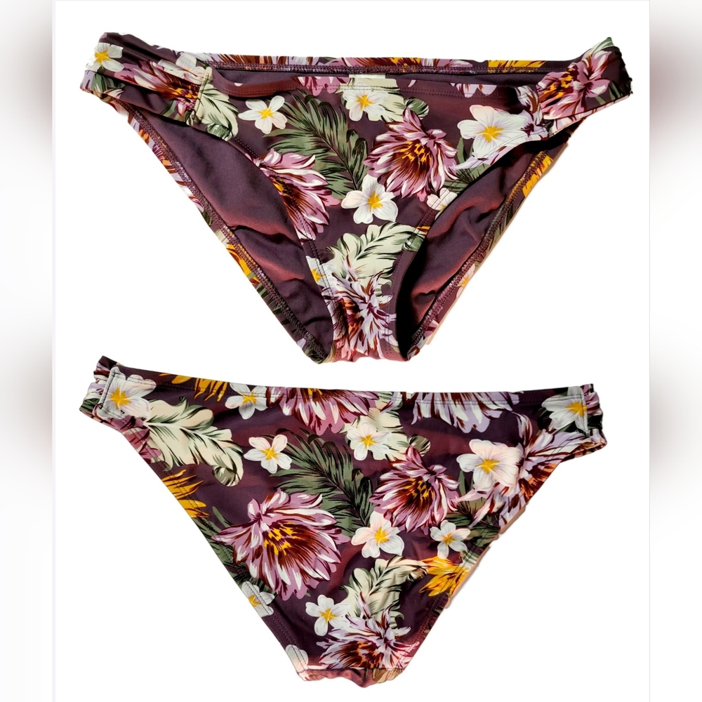 💜🌸👙 Kona Sol Purple Floral Bikini Bottoms Medium Coverage Hipster - Sz Large